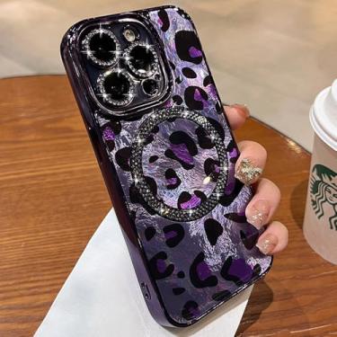 Imagem de ZinLyuen Capa para iPhone 14 Pro com glitter magnético compatível com MagSafe Diamond Leopard Cheetah Print Capa para iPhone 14 Pro, roxa