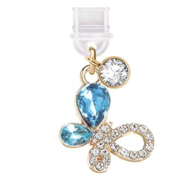 Imagem de ELISE & FONDA TP611 Tipo-C porta de carregamento plugue antipoeira pequeno pingente de telefone borboleta de cristal para iPhone 15/16/Samsung/OnePlus/Xiaomi/oppo telefones Android (azul)