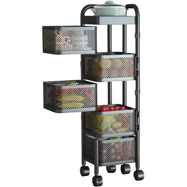 Imagem de Suporte De Cesta De Frutas Quadrado De 5 Camadas, Carrinho De Armazenamento De Frutas E Vegetais, Rack De Frutas E Vegetais De Aço Carbono De Metal Com Rodas, Organizador De Lanches De, Noir