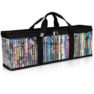 Imagem de Made Easy Kit Bolsa de armazenamento de mídia Blu-ray - Organizador de PVC transparente com alças de costura tripla, divisórias - empilhável, economia de espaço - serve para 42 capas padrão (preto)