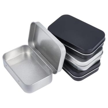 Imagem de SOFPLATE Pacote com 4 caixas de lata de 2 cores portáteis de metal retangulares vazias com dobradiças mini preto prata DIY armazenamento caixa de metal para viagem ao ar livre caixas de metal com