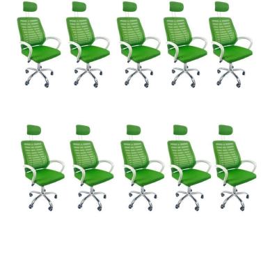 Imagem de Kit 10 Cadeiras Escritório Diretor Tela Mesh Com Encosto De Cabeça Verde E Branco