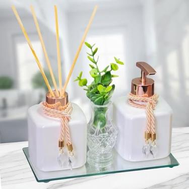 Imagem de Kit Lavabo para Banheiro Completo - Aromatizador de Ambiente + Sabonete Líquido com Bandeja de Luxo (Pet Branco com Rosa)