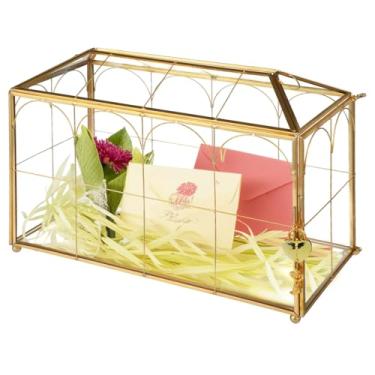 Imagem de Anjetan Caixa de cartão de casamento de vidro com moldura de metal dourado, caixa de recepção de cartão envelope com cadeado de coração, vidro transparente, 32 x 15 x 23 cm