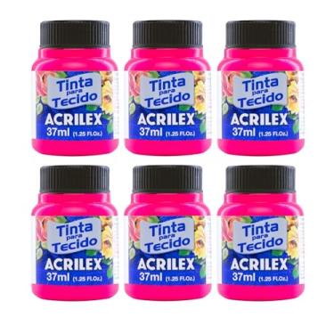 Imagem de Kit Com 6 Tintas Para Tecido Rosa Neon Maravilha 107 - 37ml - Acrilex Fixação a Frio e Alta Cobertura Recomendado Para Tecidos De Algodão Sem Goma É Ideal Para Customização De Roupas, Decoração E Outras Aplicações Artísticas
