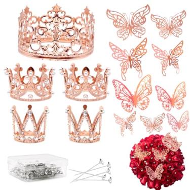 Imagem de 141 minicoroas para buquês de flores, incluindo 5 coroas de buquê, 36 decorações de borboleta 3D e 100 broches de flores de diamante, topo de bolo de ouro rosa para casamento, chá de bebê, festa de