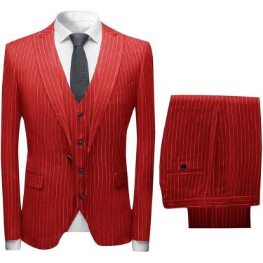 Imagem de Risca De Giz Masculina 3 Peças Terno Slim Fit único Breasted Negócios Festa De Casamento Jaqueta Colete Calças, Red, 36