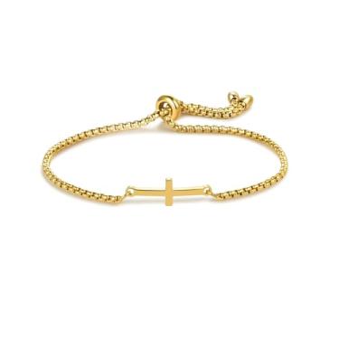 Imagem de MiiFort Pulseiras deslizantes horizontais de cruz lateral, presentes para filha, mulheres, aniversário, caixa ajustável, pulseira de elos de aço inoxidável, dourado, prata, ouro rosa, One Size, Aço