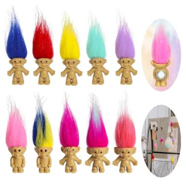 Imagem de 10 peças de mini bonecos troll fofos ímãs para geladeira, mini bonecos Lucky Trolls ímãs para decoração de cozinha armário cozinha escritório (cor A)