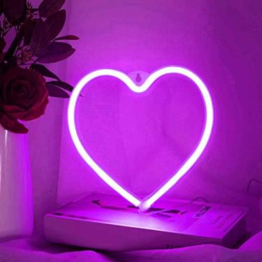 Imagem de HULIN Luz de coração neon LED sinais de néon, luz noturna em forma de coração, decoração de festa de casamento, decoração de parede, festa, acampamento, quarto de crianças, sala de estar, casa (roxo)