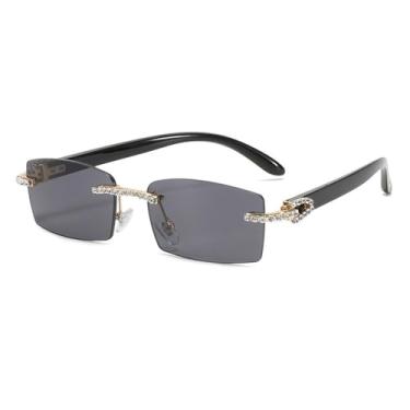 Imagem de Óculos de sol sem aro de diamante feminino vintage retangular óculos de sol femininos tons de strass óculos de sol cores degradê, C1 preto, preto, tamanho único