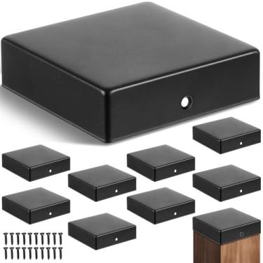 Imagem de Pelopy 10 peças de 10 x 10 cm de tampa de poste de pirâmide plana para postes de madeira verdadeiros de 9,5 cm x 8,5 cm, tampas de postes de aço galvanizado preto revestido a pó à prova de intempéries