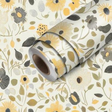Imagem de HOMETITUTE Papel de parede amarelo e cinza de flores silvestres descasque e cole papel de parede 45 cm x 300 cm revestimento de parede de vinil autoadesivo quarto cozinha banheiro