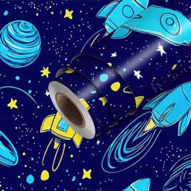 Imagem de HOMETITUTE Papel de parede Blue Rocket Galaxy Papel de parede de contato com adesivo 45 cm x 300 cm Revestimento de parede de vinil removível para quarto cozinha decoração de casa