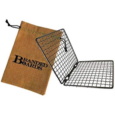 Imagem de Branded Boards Bushcraft Grelha de aço inoxidável para churrasco, tábua de corte de bambu, saco de cordão de cânhamo, mini faca de acampamento Acampamento, mochilão, caça e pesca. (Apenas grelha dobrável e saco)
