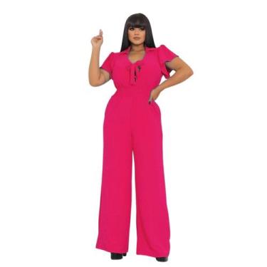 Imagem de Macacão Feminino Social Pantalona Longo Manga Curta Elegante Perna Lar