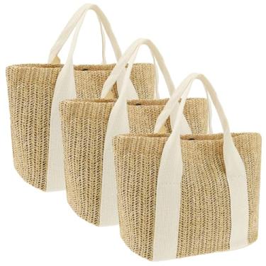 Imagem de 3 bolsas de praia de palha para mulheres 25 x 14 x 22 cm, sacola feminina de tecido feito à mão, bolsa de ombro oca de malha de serapilheira com alça, bolsa de viagem para compras de férias