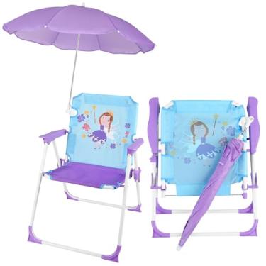Imagem de PLULON Cadeira de praia infantil com guarda-chuva roxo azul, cadeira dobrável para gramado e acampamento com sombra de verão, cadeira de praia infantil para viagens ao ar livre