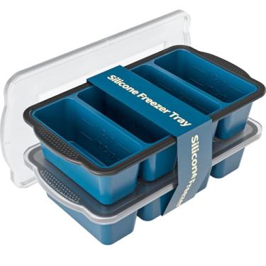 Imagem de GORCI Bandeja de silicone para freezer com tampa, 8 moldes grandes de 1 xícara de sopa, recipiente para congelador de sopa para preparar refeições, bandeja grande para cubos de gelo, perfeita para