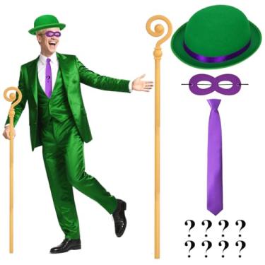 Imagem de Conjunto de acessórios de fantasia de ponto de interrogação, chapéu verde de feltro, bengala dourada, ajustável, máscara de olho de Halloween, luva e adesivos de ponto de interrogação de feltro para