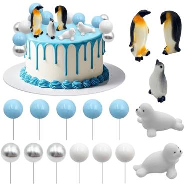 Imagem de Firleayo Penguin Cake Decorations Seal Cake Topper Arctic Cupcake Topper Polar Animal Figurines Mini Penguin Themed Cake Toppers Blue White Silver Ball Toppers for Birthday Winter Christmas Party