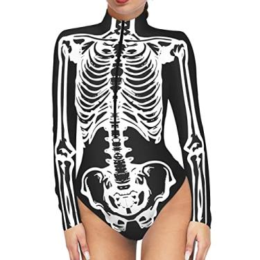 Imagem de Roevite Macacão feminino esqueleto com zíper, body de Halloween, sexy, peça única, Esqueleto preto e branco, Small-Medium