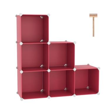 Imagem de C&AHOME Organizador de armazenamento de 6 cubos, prateleiras empilháveis, estante portátil, organizador de armário de plástico para roupas, prateleiras modulares DIY para guarda-roupa, casa, vermelho