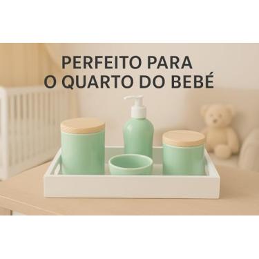 Imagem de Kit Higiene poá Bebê em Porcelana, Bandeja Branca, 4 Peças, Potes com Tampa de Madeira, Dispenser, Porta Algodão, Decorativo para Quarto Infantil (Verde Bebê)