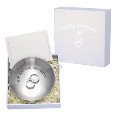 Imagem de Pelopy Conjunto de 4 bandejas de joias de aço inoxidável para aniversário de 10 anos, com caixa de presente de casamento, enchimento de ráfia branca e cartão em branco, 10º presentes de casamento para
