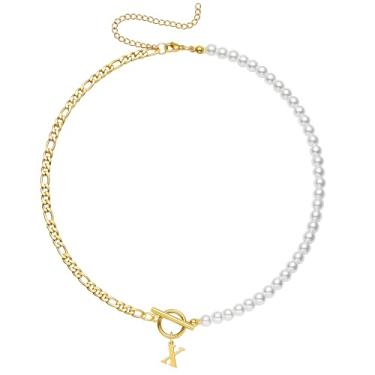 Imagem de Yanxyad Colar feminino com inicial de pérola, ouro 18K, aço inoxidável, letra A-Z, corrente fígaro, 40,6 cm + 7,6 cm, joia de presente para ela, Medium, Aço inoxidável, Sem Pedra Preciosa