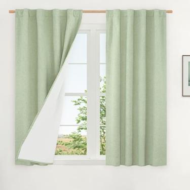 Imagem de LAMIT Cortinas de linho 100% blackout naturais, cortinas térmicas texturizadas de linho de 111 cm, painéis neutros com forro branco para fazenda, 2 painéis, 96 x 114 cm, verde claro