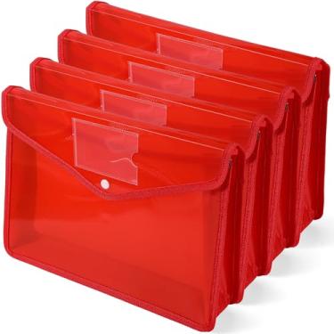 Imagem de Pacote com 4 pastas expansíveis de plástico A4, organizador de documentos à prova d'água com botão de pressão, vários bolsos, armazenamento de escritório doméstico (vermelho)