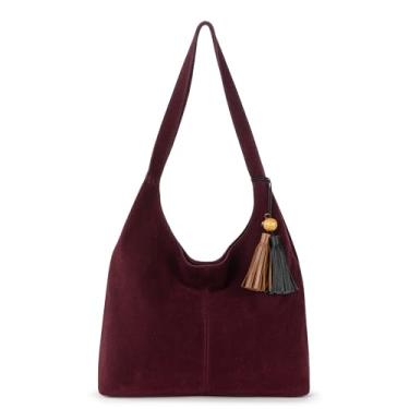 Imagem de Huntley Hobo – Bolsa Hobo de couro premium para mulheres – Bolsa de ombro para uso diário e fim de semana com bolsos com zíper e sem zíper, Camurça cereja preta, One Size