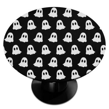 Imagem de Pardick Toalha de mesa redonda elástica branca preta fantasma redonda toalha de mesa 91,4 cm - 106,7 cm toalha de mesa ajustada impermeável toalha de mesa circular limpa com borda elástica