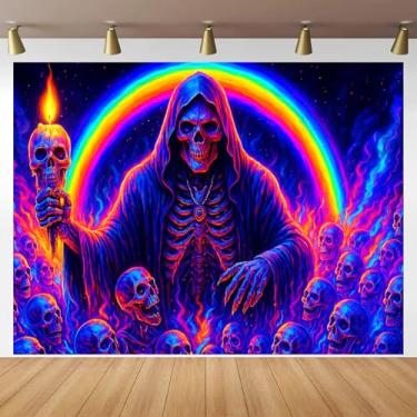 Imagem de BlissYard Grim Reaper Rainbow Skull Blacklight Tapestry Neon Glow in the Dark Skeleton Fire UV Reactive Wall Hanging Psychedelic Horror Poster for Bedroom Living Room 78x59 polegadas