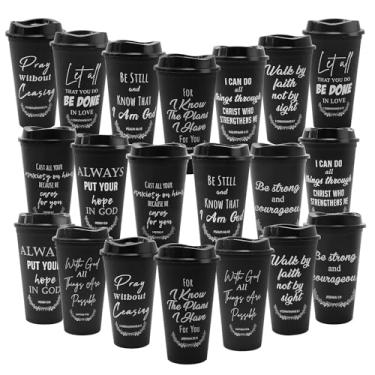 Imagem de Pacote com 20 canecas de café cristãs reutilizáveis a granel de 473 ml com versículo bíblico colorido copos de plástico com tampas, copo de café de viagem para bebidas frias, presentes religiosos a