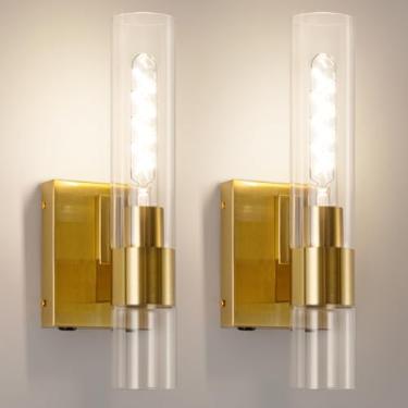 Imagem de BELS Conjunto de duas arandelas de parede operadas por bateria, luminária de parede sem fio dourada de 33 cm com cilindro de vidro transparente, controle remoto, arandela de parede moderna para