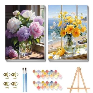 Imagem de askkqtx Pacote com 2 kits de pintura por números para adultos com cavalete, kit de pintura de flores por números com moldura, pintura para adultos em aquarela por número tela emoldurada para decoração