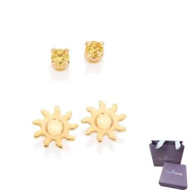 Imagem de Brinco Lançamento Rommanel Conjunto Sol Com 2 Pares Banhados A Ouro
