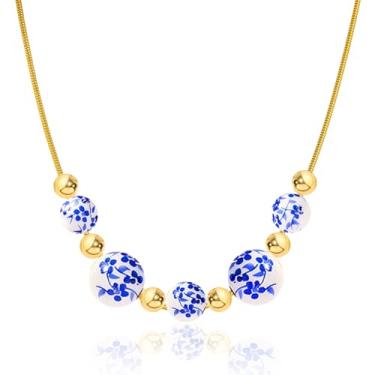 Imagem de XUN Zhe Colar de contas florais de porcelana colorida, espaçadores dourados, corrente de cobra delicada, gargantilha de cerâmica, joias modernas para presentes femininos, Narmal, Liga de aço, Sem