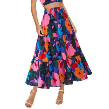 Imagem de Saia BTFBM com estampa floral Midi Maxi Summer Casual Feminina Preta