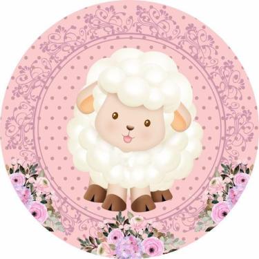Imagem de Painel de Tecido Sublimado Redondo Ovelha Baby Flores Rosa C/ Elástico