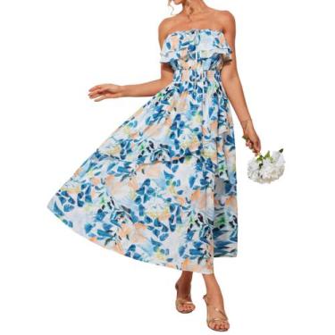 Imagem de Vestido longo GRACE KARIN com babado de ombro largo floral em linha A