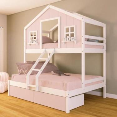 Imagem de Beliche Casal/ Solteiro Casinha Sonhos Com 02 Gavetas Rosa Madeira Mac