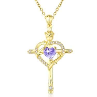 Imagem de CupidGift Colar de cruz para mulheres, banhado a ouro 14 K, banhado a ouro 18K, delicado coração, pedra do mês de nascimento, rosa, joias diárias, batismo, fé, aniversário, Natal, presentes de