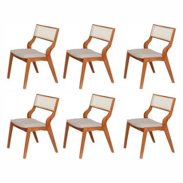 Imagem de Kit 6 Cadeiras de Madeira Maciça Estofada e Rattan 100% Natural Luna Espresso Móveis Champagnhe/Cinza Claro