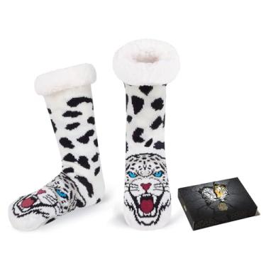 Imagem de HERYEBING Meias masculinas e caixa de presente – Meias térmicas fofas antiderrapantes aconchegantes presentes de Natal quentes para homens, novidade divertida para tamanho 9-12 Reino Unido, Leopardo