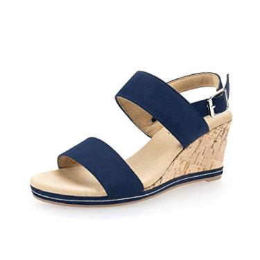 Imagem de VJH confort Sandálias femininas anabela com fivela, tiras de cortiça, plataforma, confortável, com tira nas costas, sandálias de bico aberto, Azul marinho, 7.5