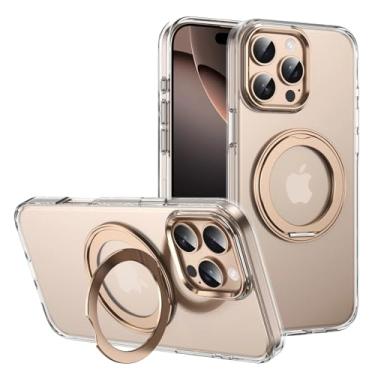 Imagem de Capa magnética transparente com suporte de anel de metal 360° para iPhone 16, 15, 14, 13, 12, 15 Pro Max Plus, capa magnética com carregamento sem fio transparente (para iPhone 16pro/ouro deserto)