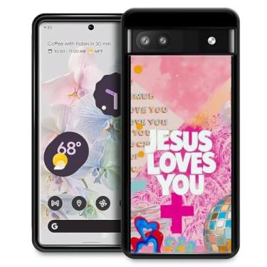 Imagem de CARLOCA Capa compatível com Google Pixel 6A, design gráfico moderno, à prova de choque, antiarranhões, proteção contra quedas para Google Pixel 6A rosa com colagem preppy Jesus Loves You